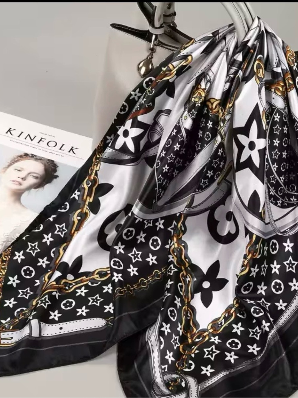 Silky Black & White Chain Print Scarf